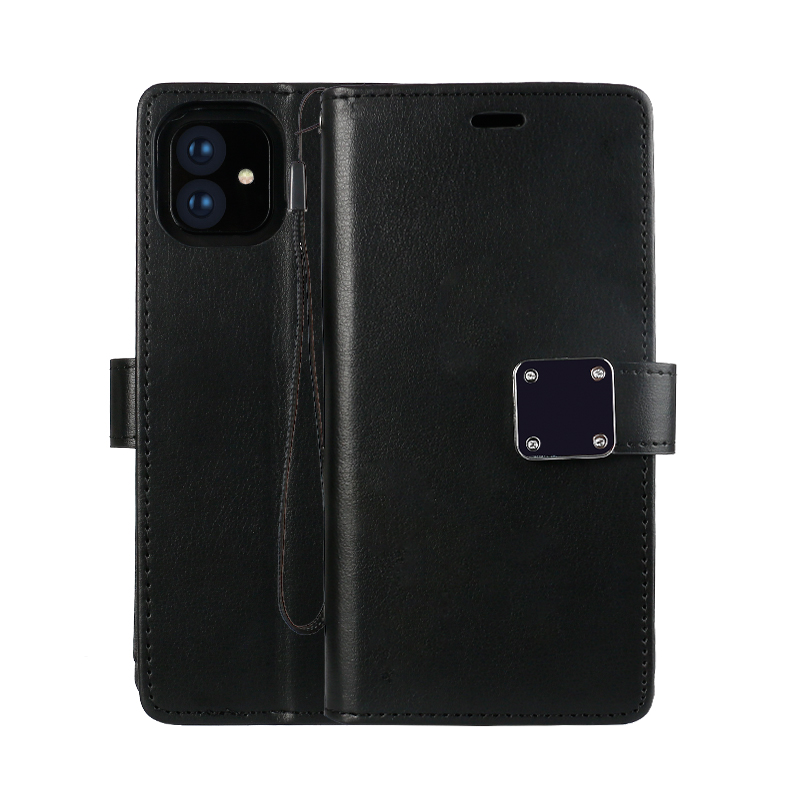 Multi Pockets Folio Flip LEATHER Wallet Case with Strap for iPhone 12 / 12 Pro 6.1 (Black)